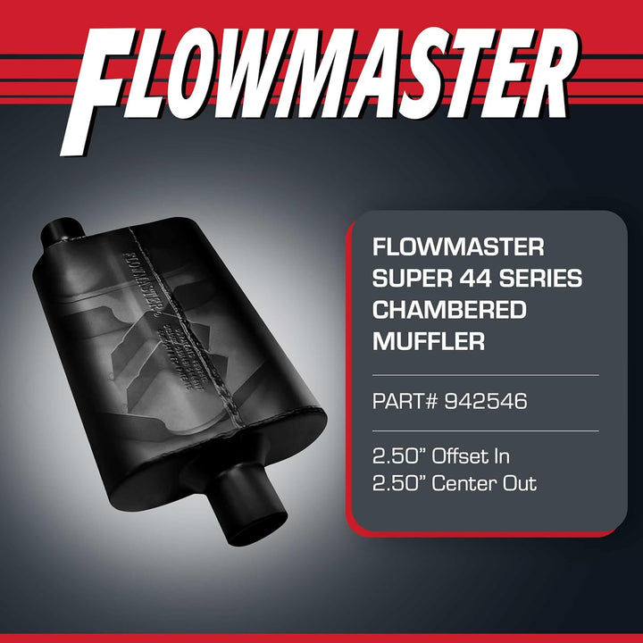 Flowmaster 942546 Super 44 Schalldämpfer - 2,50 Offset IN / 2,50 Center OUT - Aggressive Sound, schw