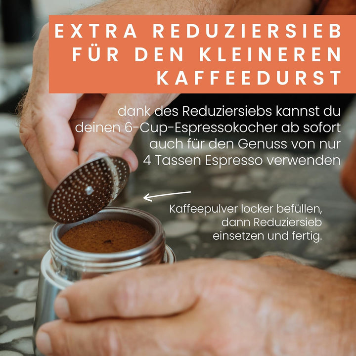 Groenenberg Espressokocher Induktion + Reduziersieb I Edelstahl Mokkakanne 4 oder 6 Tassen Espresso