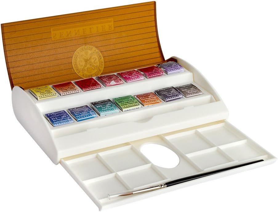 Sennelier - Aquarell Reiseset - 14 halbe Naepfchen im Kunststoffkasten 1 Stück (1er Pack) Black/Blue