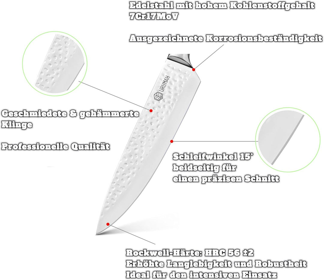URUMAH Kochmesser 33cm - Griff aus italienischem Olivenholz - Scharfes Küchenmesser - Klinge aus hoc