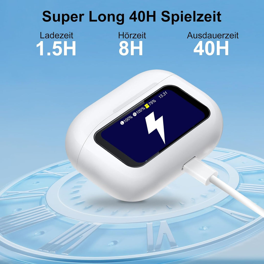 Bluetooth Kopfhörer, LED Full Color Touch Screen Wireless Earbuds, Weiss | Bluetooth 5.4, ANC+ENC No