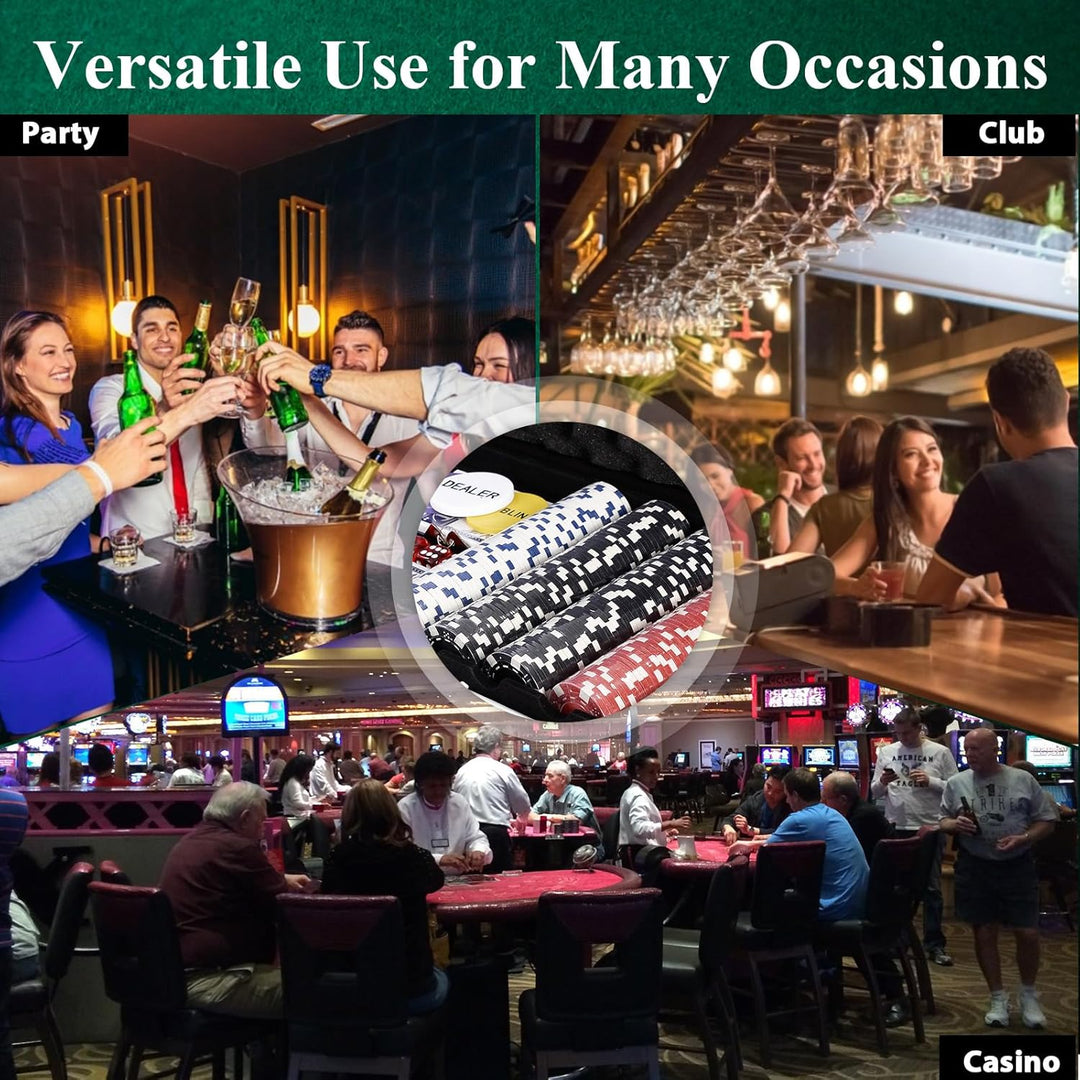HOMASIS Pokerset mit 500 Chips, Poker Koffer mit 2 Kartendecks, 5 Würfel, Kasino-Matte, 3 Dealer But