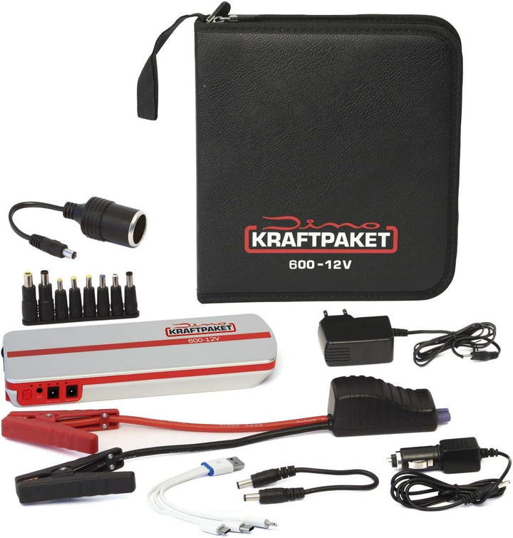 Dino KRAFTPAKET 136102 12V-600A Starthilfegerät 66.6Wh 18000mAh & 136312 Batterieladegerät 6V/12V-4A