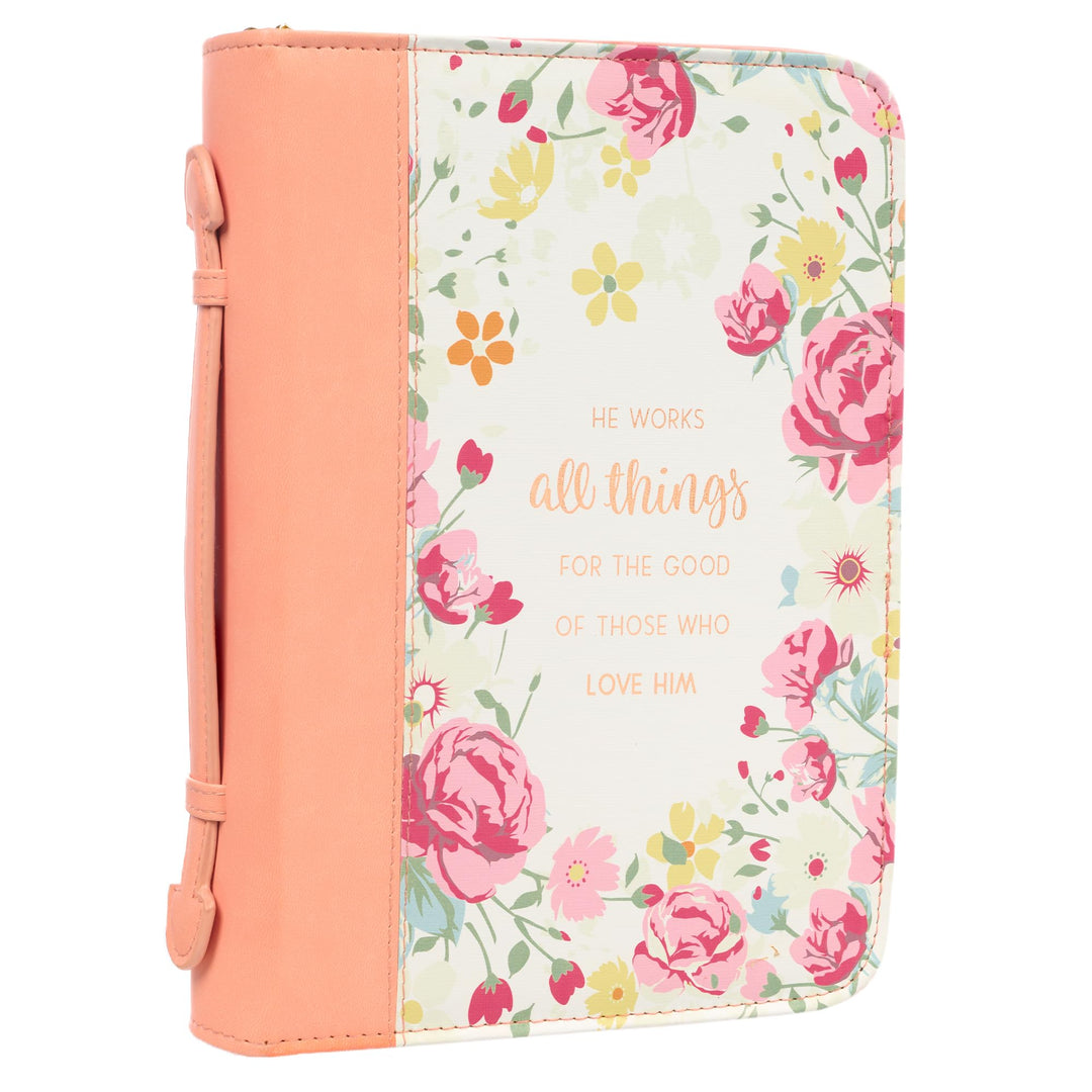 Christian Art Gifts Women's Fashion Bible Cover He Works All Things for Good Romans 8:28, Peach Flor