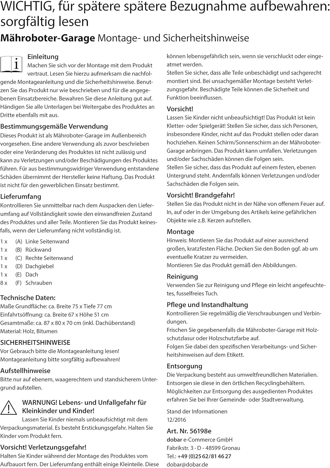 dobar 56198e Mähroboter-Garage aus Holz, Rasenroboter-Carport, 87x80x70 cm, Natur-weiss-anthrazit, B