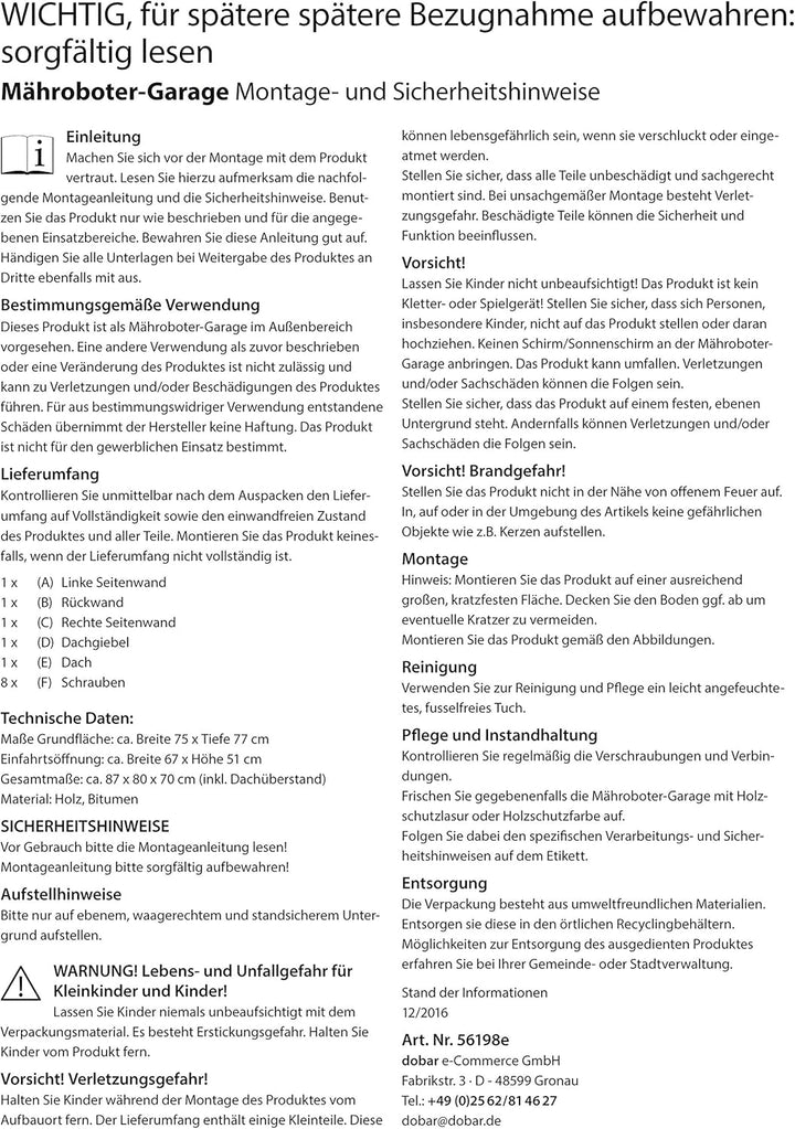 dobar 56198e Mähroboter-Garage aus Holz, Rasenroboter-Carport, 87x80x70 cm, Natur-weiss-anthrazit, B