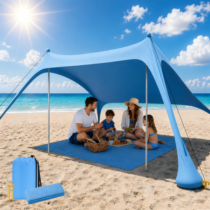 Strandzelt mit Strandmatte, LSF 50+ Hochschutz, 2x2x2m, Himmelblau | inkl. Sandanker, Alu-Stangen &amp;