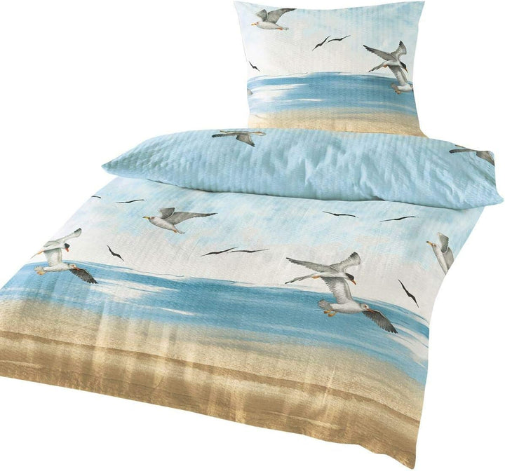 Traumschlaf Seersucker Bettwäsche Set •Bügelfrei• Maritimer Look Seemöven • mit Reissverschluss • 20