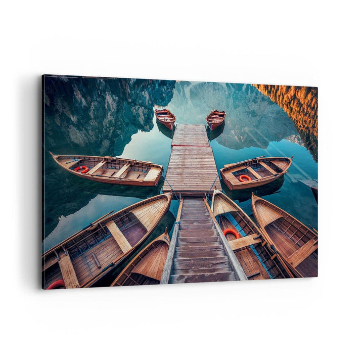 Bilder auf Leinwand 100x70cm Leinwandbild mit Rahmen Berge Boot Wasser Gross Wanddeko Bild Schlafzim