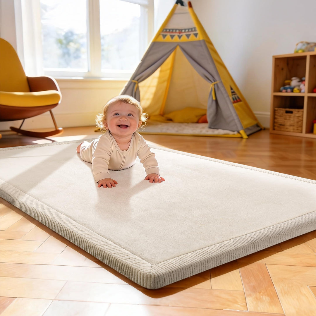 Treeboy Spielmatte Baby 80x150x2cm beige – Teppich für Kinderzimmer mit hochwertigem Memory-Schaum –
