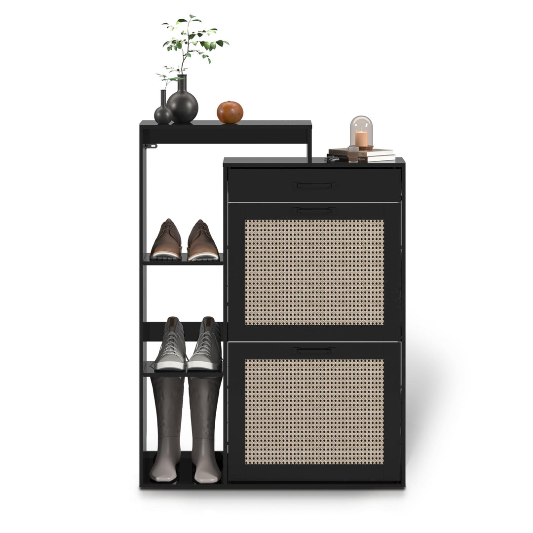 Schuhschrank schmal schwarz mit Schublade & Rattan-Dekor – eleganter Schuhkipper schwarz für Flur &