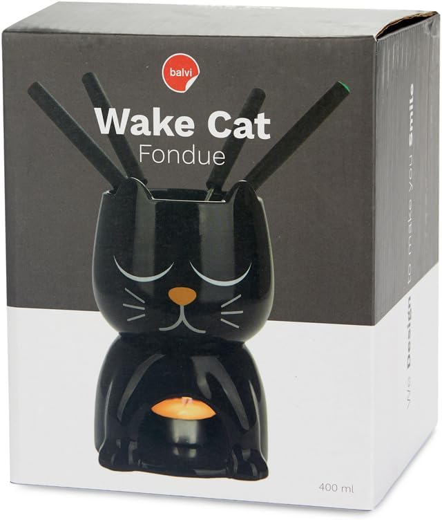 balvi Fondue Wake Cat Farbe Schwarz Wärmeempfindlich, die Katze öffnet beim Erhitzen die Augen Keram