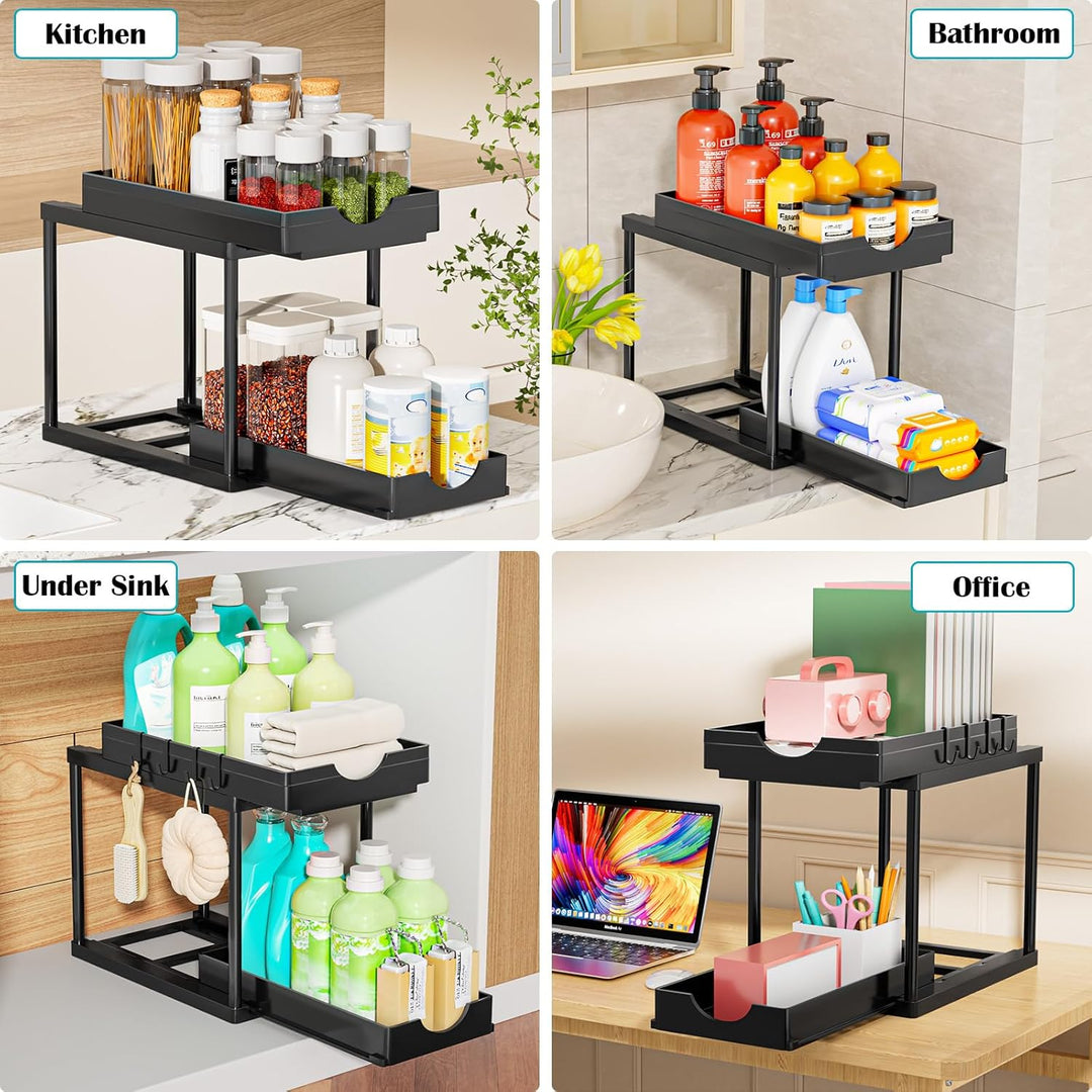 ARSTPEOE Küchen Organizer - Unter Waschbecken Regal - 2 Etagen Schrank Organizer mit 4 Haken, Schubl