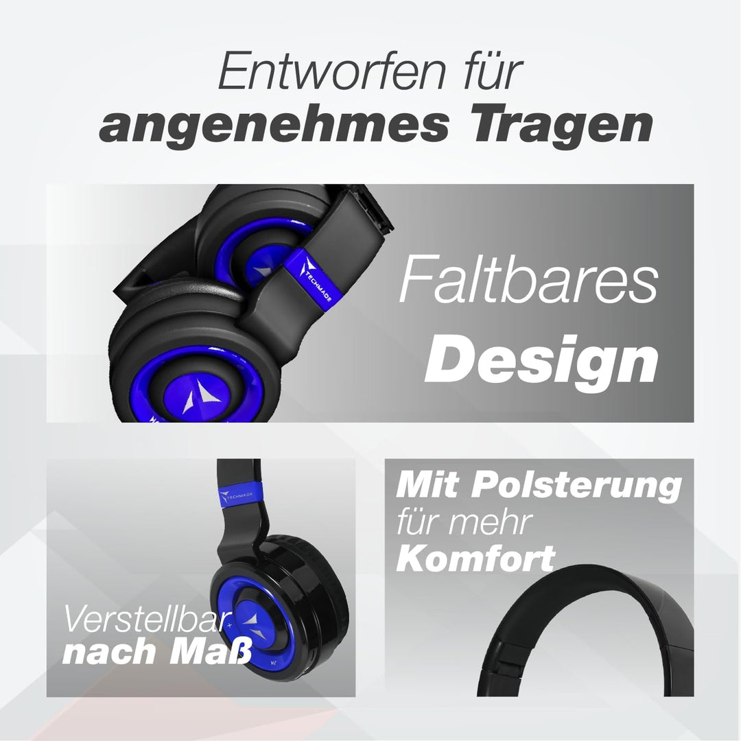 Techmade TM-046 Bluetooth-Kopfhörer – Faltbar, Over-Ear, Mikrofon, FM-Radio, SD-Karten-Slot (Blau)
