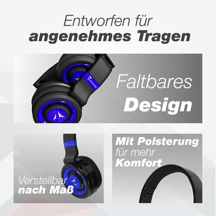 Techmade TM-046 Bluetooth-Kopfhörer – Faltbar, Over-Ear, Mikrofon, FM-Radio, SD-Karten-Slot (Blau)