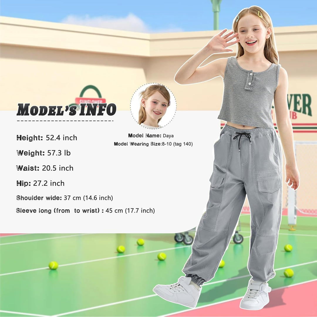 Rolanko Kinder Cargo Hose Elastische Taille Jogger Tanz Hose für Mädchen Streetwear Hip Hop, Grau 6-