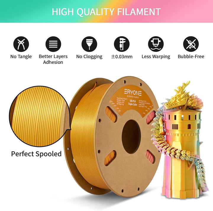 ERYONE Dreifarbiges Seiden PLA Filament 1.75mm,Seidiges Mehrfarbiges PLA-Filament für 3D-Drucker +/-