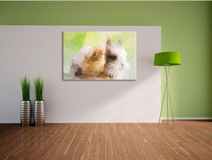 Pixxprint kleines Küken mit süssem Häschen Kunst Pinsel Effekt, Format: 100x70 auf Leinwand, XXL rie