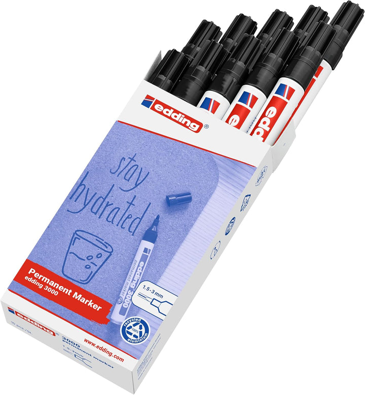 edding 3000 Permanentmarker - schwarz - 10 Stifte - Rund-Spitze 1,5-3 mm - schnell trocknender Perma