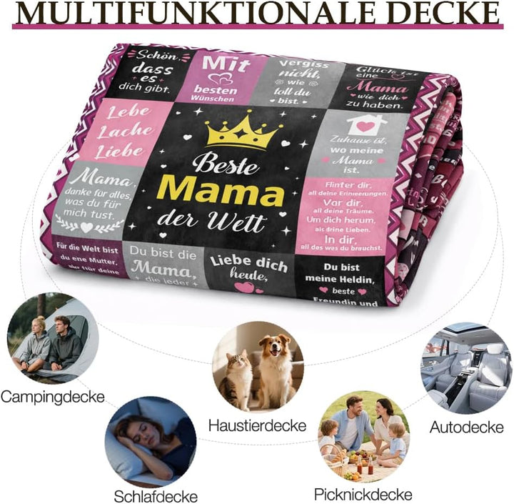 Mama Geschenk Kuscheldecke 150×130CM Flanelldecke Schlafdecke für Mama Katzenmam Oma Muttertagsgesch
