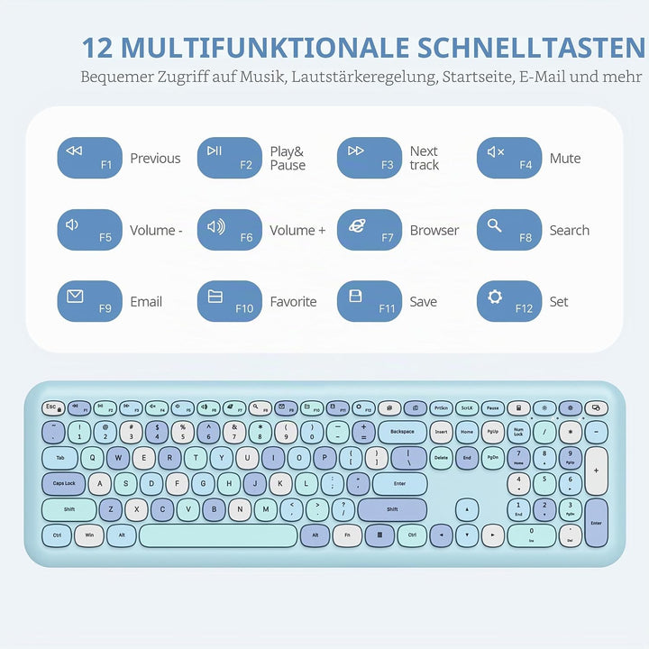 SOLIDEE Buntes kabellose Tastatur und Maus-Kombination,2.4GHz Retro Schreibmaschine Tastatur,104 Tas