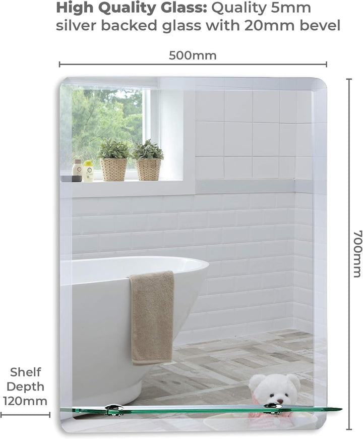 Schöner rechteckiger Badezimmerspiegel mit Ablage, modern und stylish, mit abgerundeten Kanten, Wand