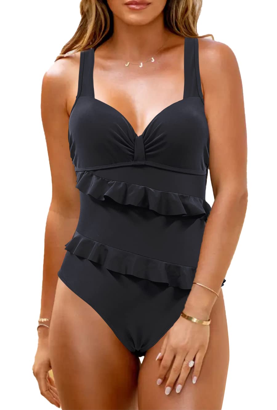 JFAN Badeanzug Damen mit Doppelter Rüsche Push Up Badeanzug Damen Bauchweg mit Bügel S Schwarz, S Sc