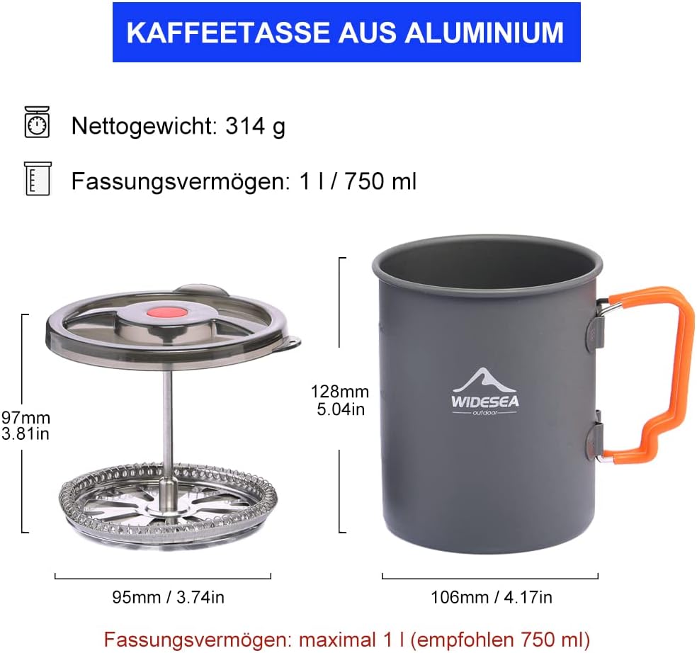 widesea Camping Kaffeebereiter mit French Press Kaffeekanne 750