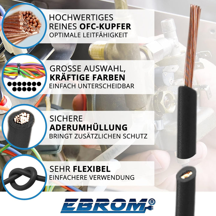 EBROM Aderleitung Litze Schaltlitze Einzelader flexibel PVC Leitung - H05V-K 0,5 mm² - Farbe: schwar