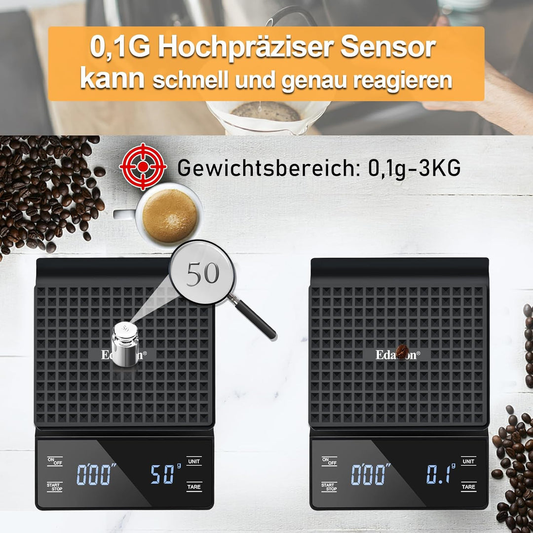 Kaffeewaage mit Timer Espresso Waage 0,1g/3kg Hohe Präzision Digitale Kaffee Waage Küchenwaage Wasse