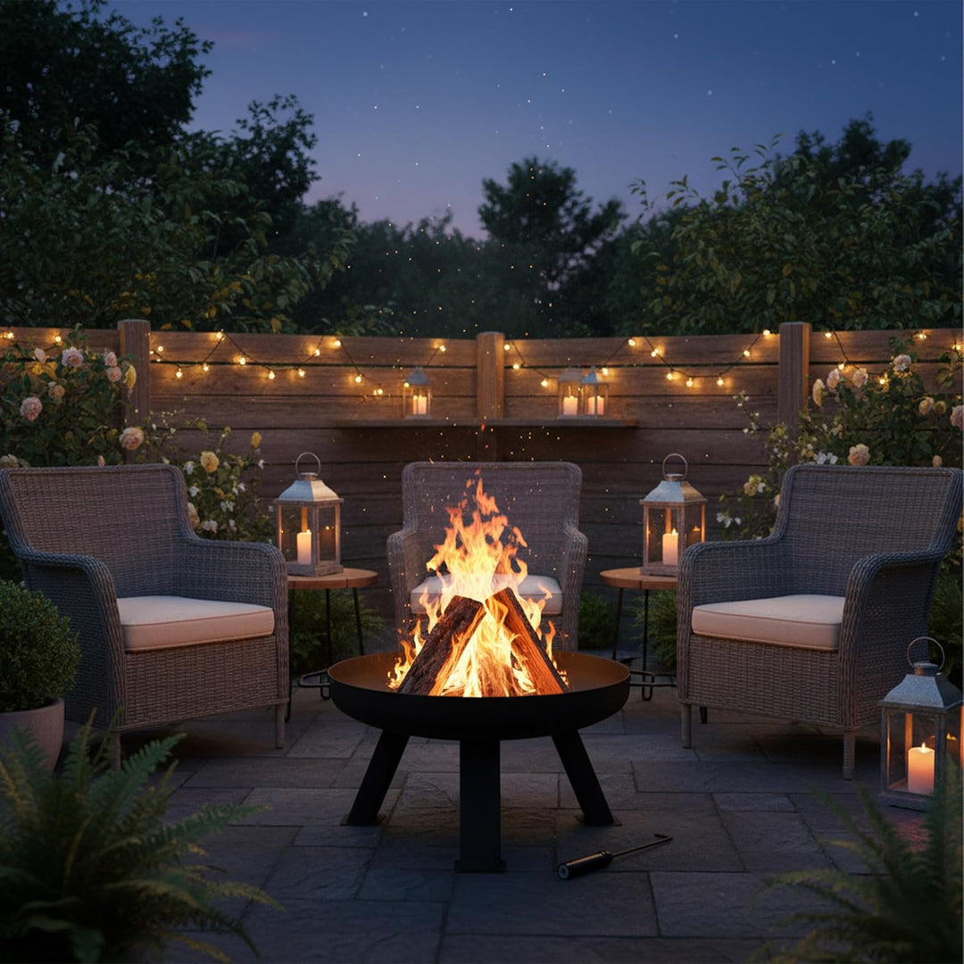 Relaxdays Feuerschale Durchmesser 60 cm, inkl. Schürhaken, Garten & Terrasse Feuerstelle, rund, Feue