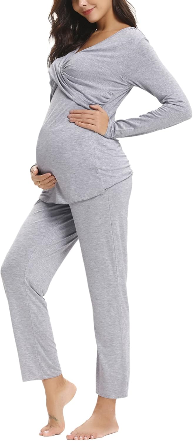 Stillpyjama Damen Lang Stillschlafanzug Baumwolle Umstandspyjama Lang Schwangerschaft Pyjama Stillfu