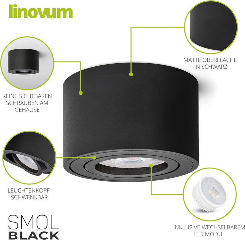 linovum 6 Stück LED Deckenspot SMOL in schwarz - flach & schwenkbar - Decken Aufbauspot inkl LED Mod