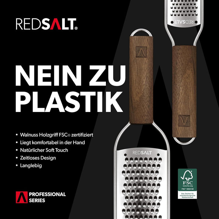 REDSALT® Premium Zester Julienne Edelstahl Reiben Set mit Walnuss Holzgriff | Raspel Küchenreibe Zit
