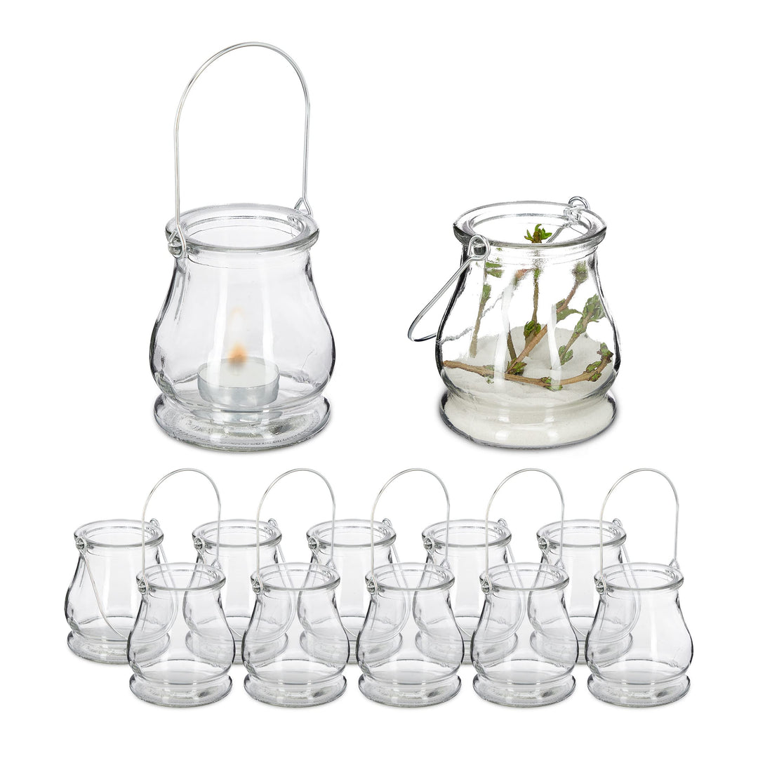 24 x Windlicht, aus Glas, Henkel zum Aufhängen, innen &amp; aussen, Teelichthalter, H x D: 10 x 8,5 cm,