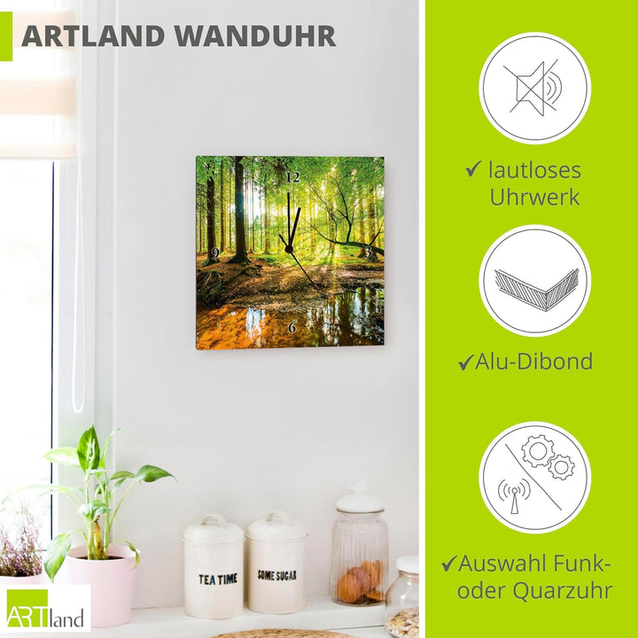 ARTLAND Wanduhr ohne Tickgeräusche Leinwand Quarzuhr 30x30 cm Quadratisch Lautlos Wald Landschaft Na