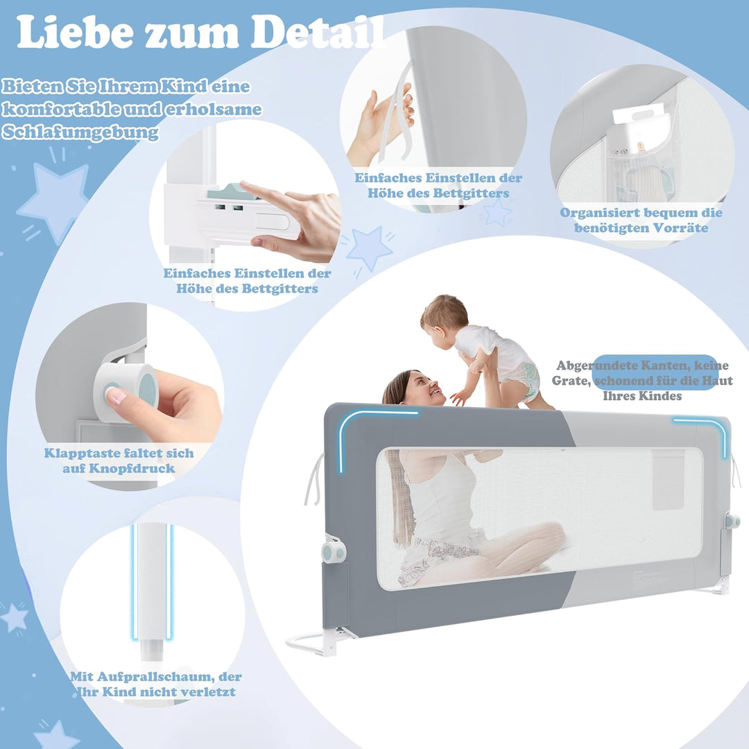 UISEBRT Bettgitter 150cm Bettschutzgitter Klappbar für Kleinkinder, Rausfallschutz Höhenverstellbar