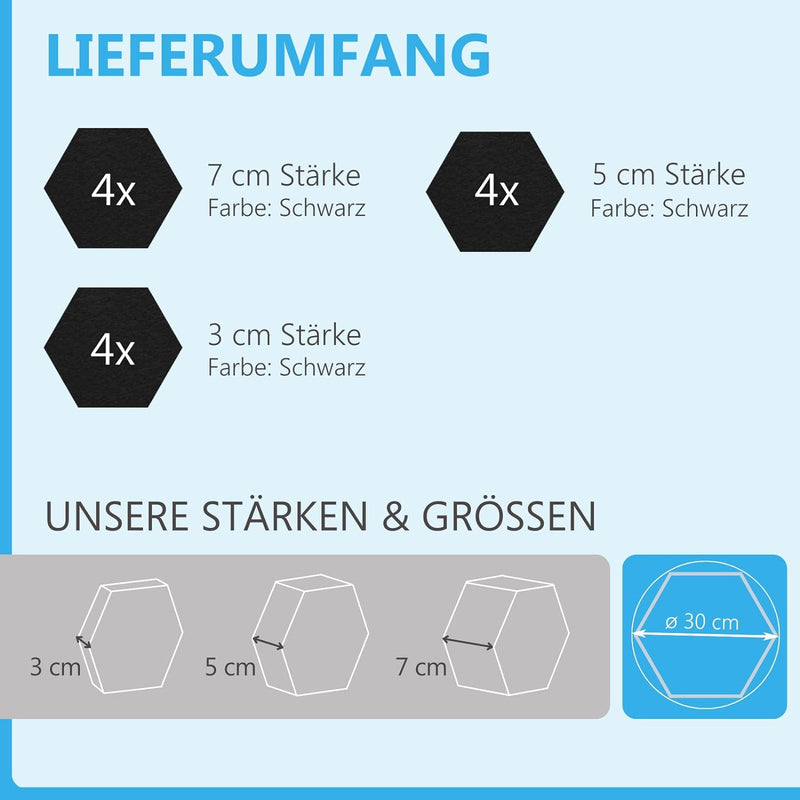 platino24 Schallabsorber 3D-Set aus Basotect G+ mit Akustikfilz in Schwarz, 12 Elemente: je Ø30cm Wa