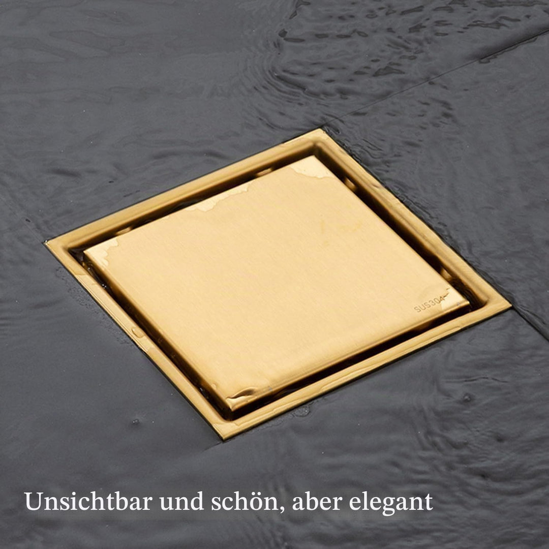 Duschrinne Quadratisch Edelstahl Bodenablauf,15x15 cm Gold Bodenablauf Dusche,Haarfilter 2 in1 Befli