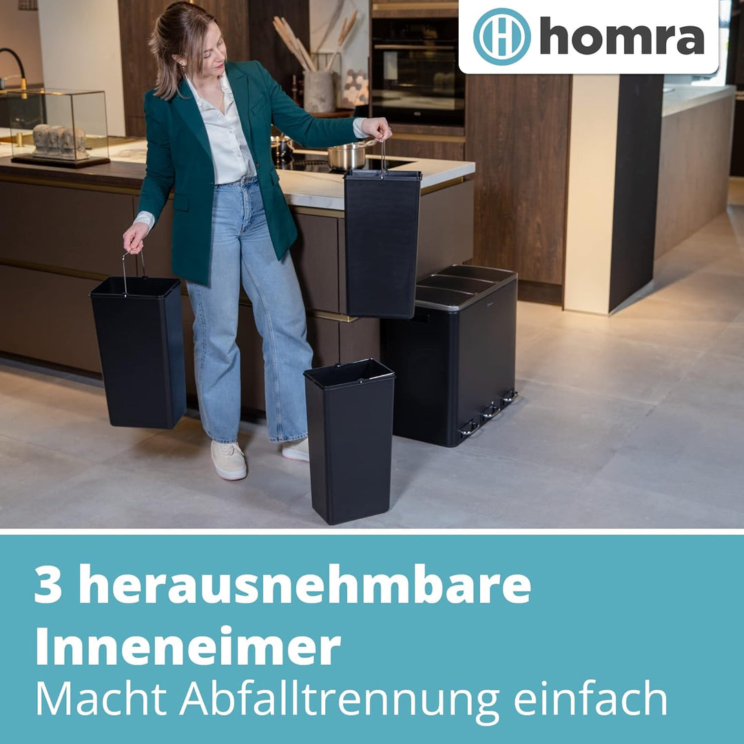 Homra Mülleimer Küche 3 Fächer Sparq 54l | Mülltrennsystem 3Fach | Edelstahl Treteimer 3x18 Liter |