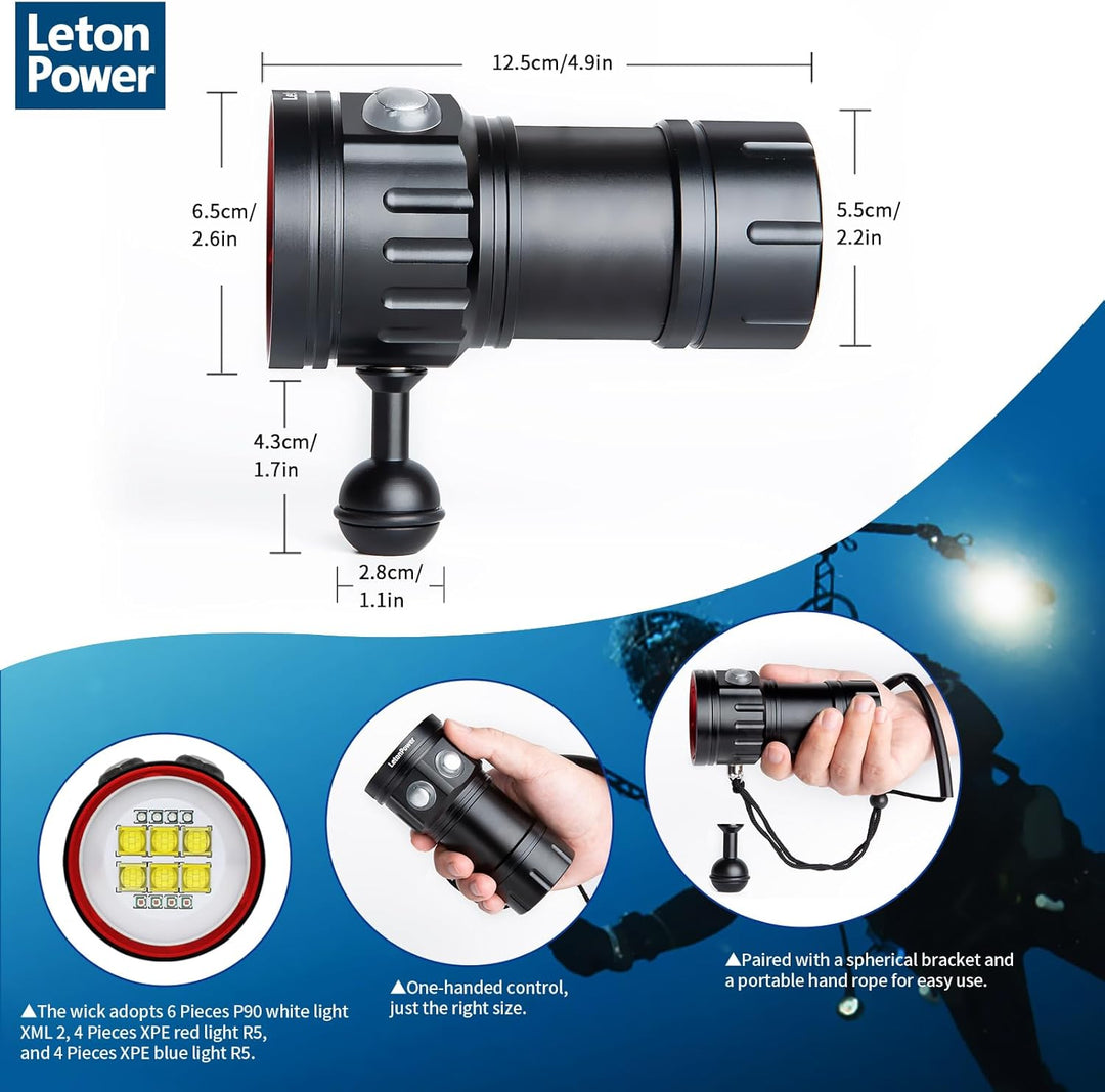 B24 Tauchen Taschenlampe,9000 Lumens Super Bright Underwater 80m Video Light, Scuba Dive Light, High