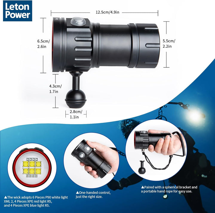 B24 Tauchen Taschenlampe,9000 Lumens Super Bright Underwater 80m Video Light, Scuba Dive Light, High