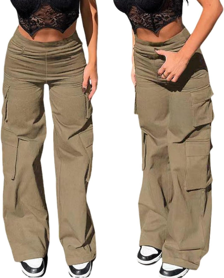 Nuofengkudu Cargohose Damen Weite Hosen Stretch High Waist Cargo Taschen Bootcut Schlaghose Damenhos