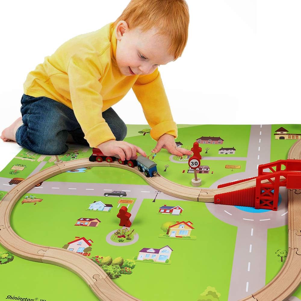 TOWO Holzeisenbahnset mit Stadtplan- Shinington-Eisenbahngleisbau Bauspielzeug für 3 Jahre alte Kind