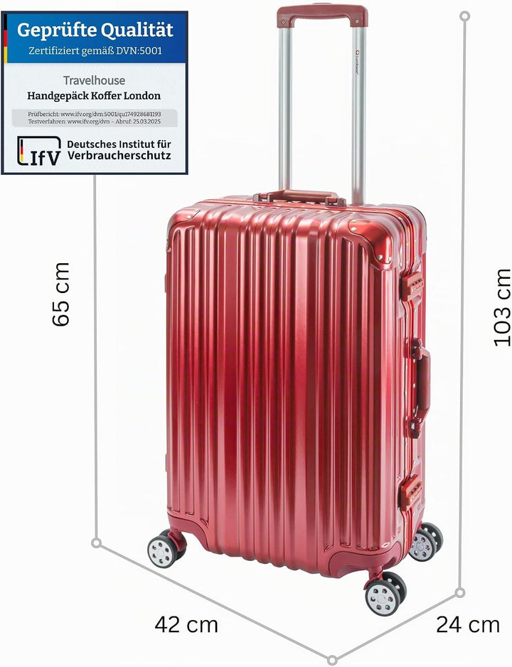 Travelhouse London Koffer Rot M-65cm · Alu-Rahmen · Polykarbonat Hartschale · 2X TSA Zahlenschloss ·