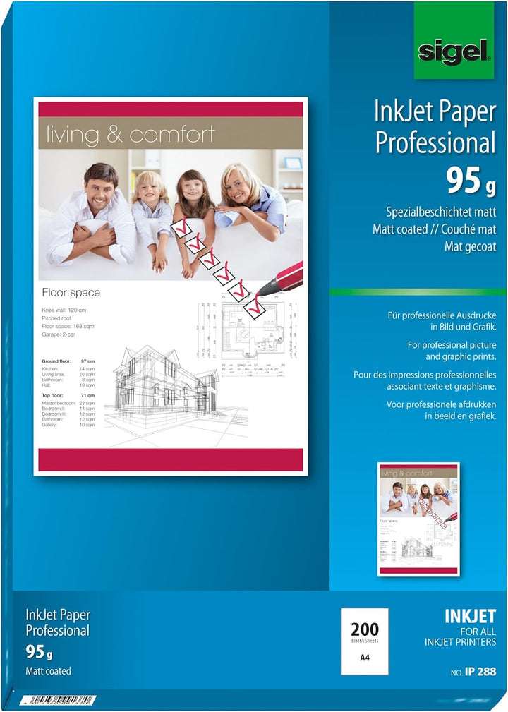 SIGEL IP288 InkJet-Papier Professional, A4, 200 Blatt, spezialbeschichtet matt, weiss, 95 g 200 Blat