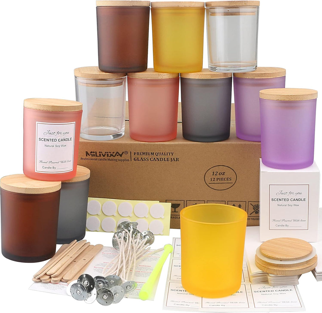 MILIVIXAY Bunte Kerzengläser aus Glas mit Deckeln und Kerzenherstellungs-Sets, leere Kerzengläser im