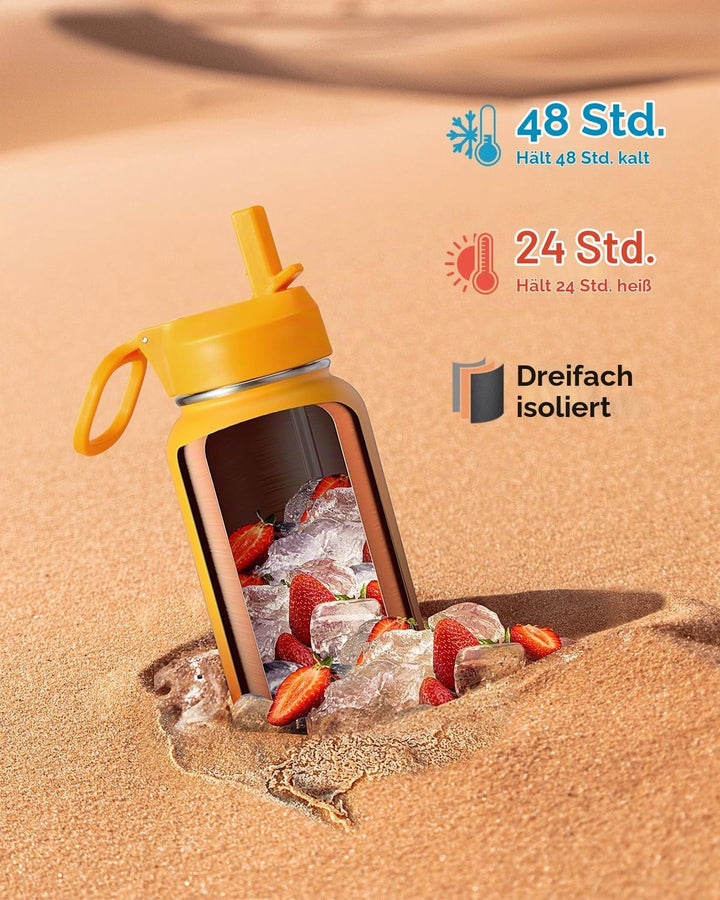 Wasserflasche 0,9 l isoliert mit Strohhalm, Coolflask Edelstahl Metall 3 Deckel Wasserflasche mit br