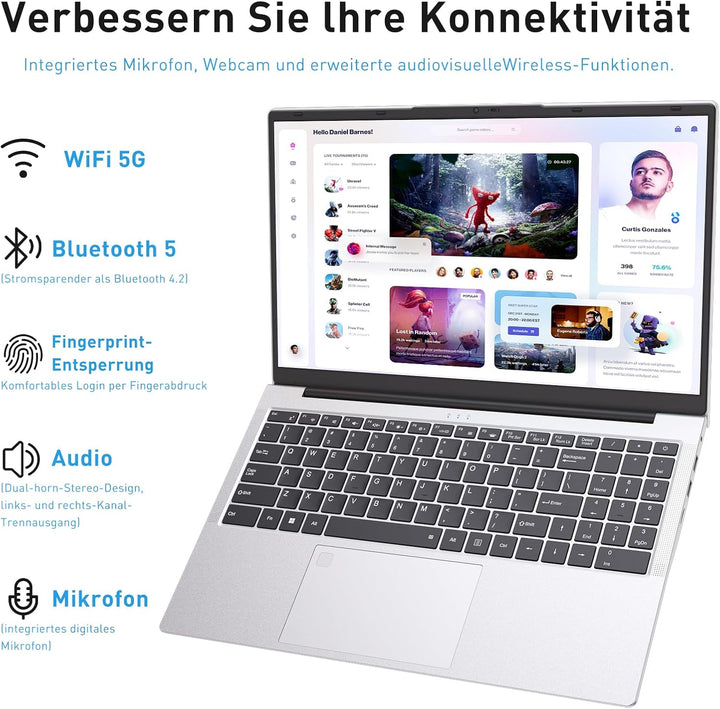 Auusda Laptop 15,6 Zoll, Notebook mit 32GB RAM 1TB SSD, Fingerabdrucksensor, beleuchtete Tastatur, 3