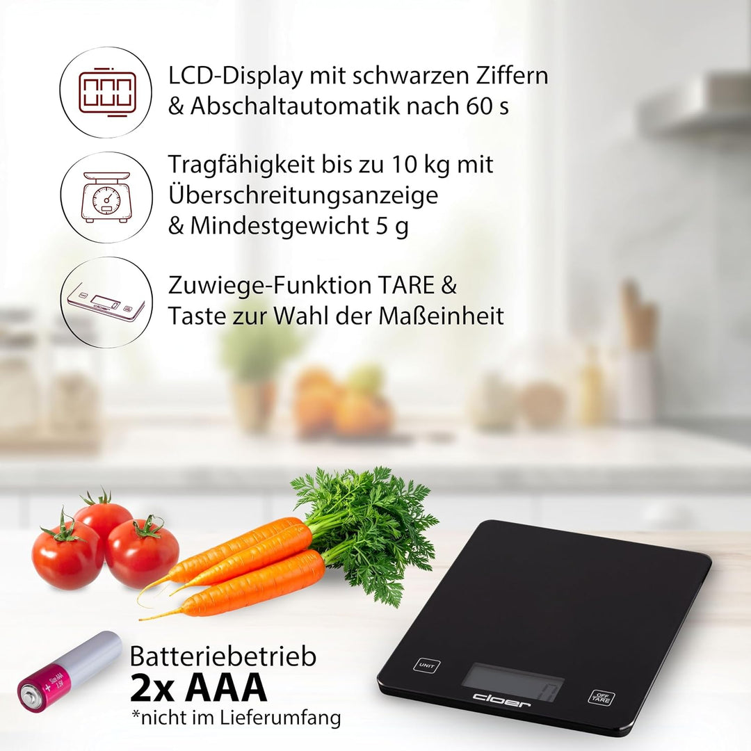 Cloer 6870 Digitale Küchenwaage für bis zu 10 kg, Zuwiegefunktion, Gewichtsmessung in 1g Schritten,